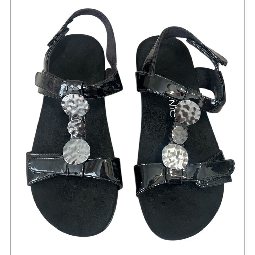 Vionic Farra Black Patent T-Strap Sandals w/ Metallic Disc Detail